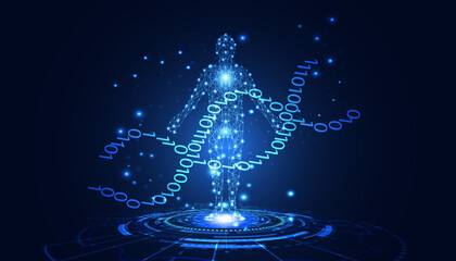 Fototapete - abstract technology futuristic concept of digital human body DNA binary AI digital interface future design on hi tech background..