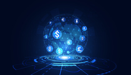 Abstract world Digital circle Hologram Money transfer DeFi Decentralized Finance Blockchain, cryptocurrency and bitcoin, online, internet transaction Futuristic.