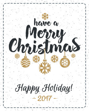 Christmas greeting card with congratulation have a Merry Christmas and gold holiday ball, snowflake on white snow background. Holiday decoration element. Vector Illustration