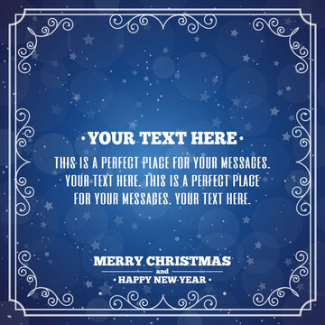 Merry christmas card with vintage frame on cyan background and place for your text. Vector Illustration