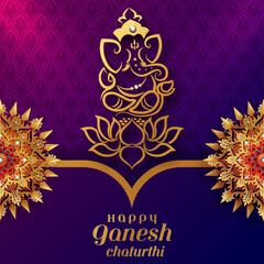 Happy ganesh chaturthi greetings with golden shiny lord ganesha most famous festivals in india with patterned and crystals on paper color background.