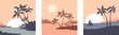 Abstract tropical landscape. Three vector illustrations. Sunset in a bay with palm trees.