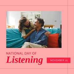 Wall Mural - Composition of national day of listening text over senior caucasian couple smiling