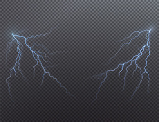 Poster - Light blue isolated vector lightning png. Magic light abstract lines. Realistic natural lightning effects.