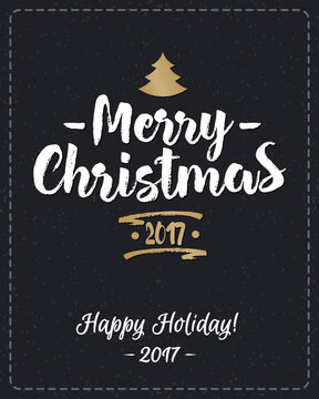 Christmas greeting card with wish Merry Christmas and fir- tree gold style on holiday background. Holiday decoration element. Vector Illustration