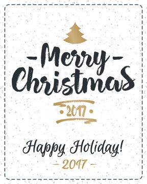 Christmas greeting card with congratulation Merry Christmas and gold fir- tree on snow holiday background. Holiday decoration element. Vector Illustration