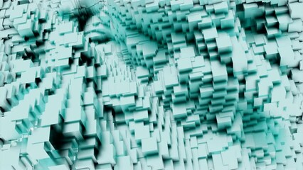 Poster - Moving stream of squares in matrix. Design. 3D cubes move quickly in flow of virtual space. Error with distortion in 3d matrix space