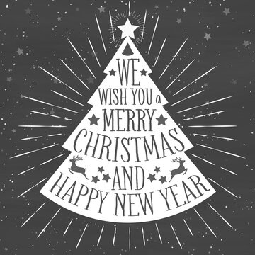 Merry Christmas fir -tree with a wish merry christmas and happy new year on snow background. Happy New Year. Vector Illustration