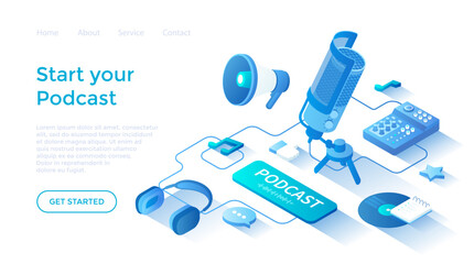 Wall Mural - Start Your Podcast. Audio recording, live streaming, broadcast. Podcasting equipment and APP. Landing page template for web on white background.