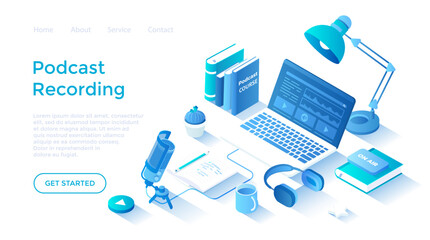 Wall Mural - Recording Podcast. Radio host workplace with microphone, headphones, laptop. Audio recording, live streaming, broadcast. Landing page template for web on white background.