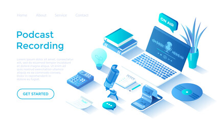 Wall Mural - Recording Podcast. Online show, blogging, radio broadcasting, podcasting in internet website. Radio host workplace, microphone, headphones, mixer. Landing page template for web on white background.
