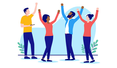Poster - Diverse group of people cheering - Happy casual businesspeople of different ethnicities celebrating and being happy with raised hands. Flat design vector illustration with white background