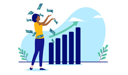Poster - Black woman with financial success - Happy successful African American person making money standing with graph showing growth. Flat design vector illustration with white background