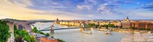 City Summer Landscape, Panorama, Banner - Top View Of The Historical Center Of Budapest With The Danube River, In Hungary