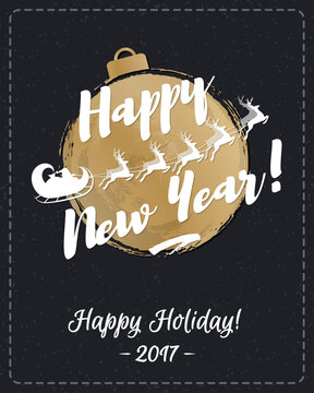 Christmas greeting card cold style with wish Happy New Year and christmas ball and Santa Claus driving in a sleigh and deers. Happy New Year. Holiday decoration element. Vector Illustration