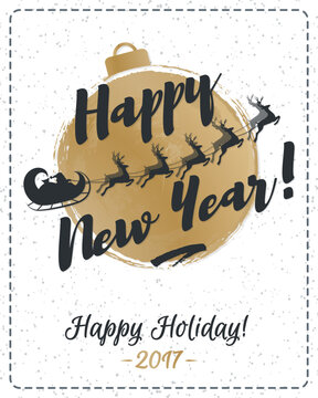Christmas greeting card with congratulation Happy New Year and gold christmas ball and Santa Claus driving in a sleigh and deers. Holiday decoration element. Vector Illustration