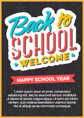 Back to school card with color label and sign welcome on black chalkboard consisting of school supplies white line style. School shopping. Vector illustration.