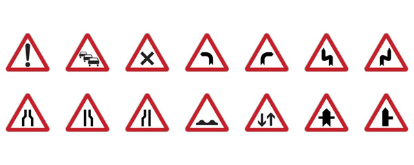 International traffic sign set. General warning, Crossing equivalent roads, Dangerous turns, Road narrows, Rough road, Two way traffic, Intersection with secondary road, Minor road junction. Vector.