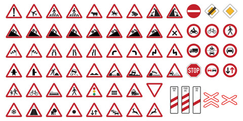 Wall Mural - Set of international road signs isolated on white background. Prohibition and warning signs. Traffic symbols. Vector illustration.