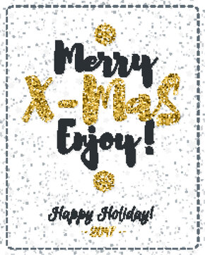 Christmas greeting card with congratulation Merry X-Mas Enjoy and snowflake gold glitter effect on snow holiday background. Holiday decoration element. Vector Illustration