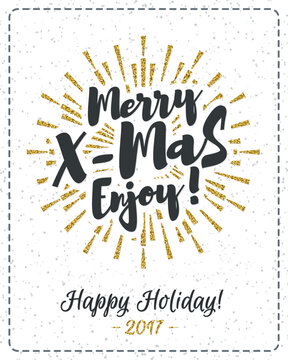 Christmas card with congratulation Merry X-Mas Enjoy and gold glitter effect sunburst on white snow holiday background. Christmas decoration element. Vector Illustration