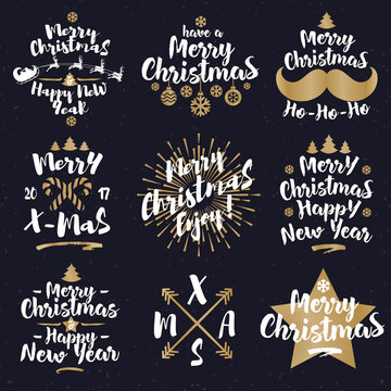 Christmas label set gold color style consisting of gift, snowflake, star, fir-tree and sunburst on black holiday background. Perfect for your decoration. Vector Illustration