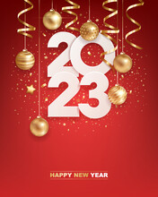 Happy New Year 2023. White Paper Numbers With Golden Christmas Decoration And Confetti On  Red Background. Holiday Greeting Card Design.
