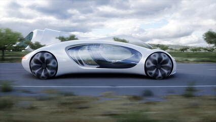 Futuristic electric car very fast driving on highway. Futuristic city concept. 3d rendering.