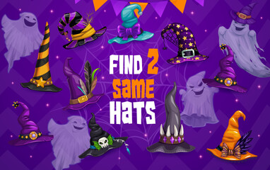 Poster - Halloween kids game, Find two same witch and wizard hats, vector worksheet riddle. Kids logic puzzle brainteaser or riddle game to match and find similar cartoon funny Halloween witch hats on ghosts