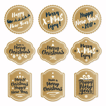 Christmas label set gold style consisting of gift, fir-tree, snowflake, star and santa claus driving in a sleigh and deers on white background. Christmas decoration element. Vector Illustration
