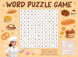 Wall Mural - Bread, desserts and bakery word search puzzle game worksheet, kids quiz grid. Vector words task riddle with croissant, pancakes, waffles and pretzel. Donut, cupcake, loaf and crackers with cupcake