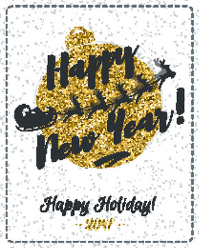 Christmas card with congratulation Happy New Year and gold glitter effect christmas ball and Santa Claus driving in a sleigh and deers. Holiday decoration element. Vector Illustration