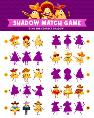 Aufkleber - Funny mexican nachos chips characters shadow match game worksheet. Vector puzzle quiz with cartoon tortilla chips cowboys, sheriffs and mariachi musicians. Memory game of mexican nachos, snack food