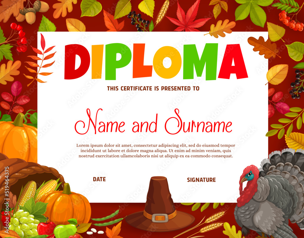 Kids diploma with Thanksgiving pilgrim hat, turkey, cornucopia, wheat ...