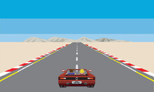 Arcade Pixelated Race Red Car Vector Illustration. Desert Race Track
