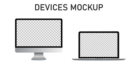 Poster - Realistic devices mockup set of monitor, laptop. Stock Vector.