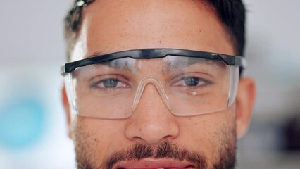 Poster - Happy, pleased and cheerful doctor wearing glasses while working in a lab for research. Closeup portrait of a satisfied, smiling and proud lab worker wearing goggles while working to find new cures