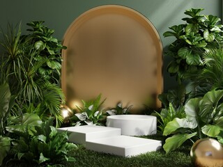 Podium in tropical forest for product presentation and green background.