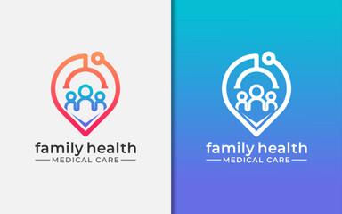 Poster - Family Health Logo Design. Abstract Minimalist Stethoscope with Location Symbol Shape and Family Group Combination Concept.