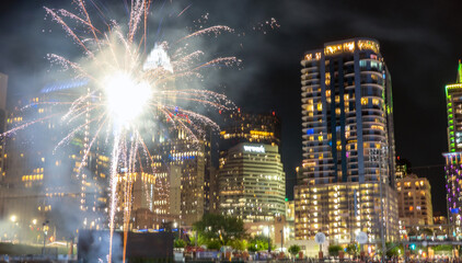 Wall Mural - fireworks show over charlotte skyline post baseball game