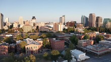 Wide Aerial Shot Of Downtown Sacramento From Old Town Sacramento. 4K