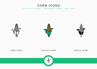 Fototapete - Corn icons set vector illustration with solid icon line style. Vegetable healthy concept. Editable stroke icon on isolated background for web design, user interface, and mobile application