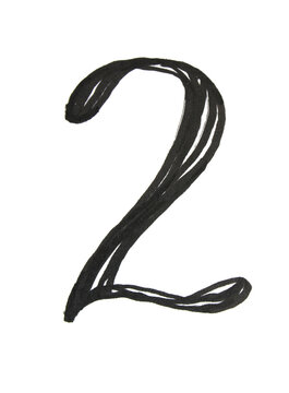 Hand-drawn lettering number two isolated on white background. Object 2 drawing black marker. Calligraphy art for writing card, notebook sketch book, sticker. Creative doodle clipart for planners