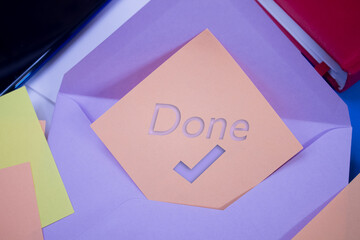 Poster - Done text with Checkmark. Text on adhesive note paper. Event, celebration reminder message.