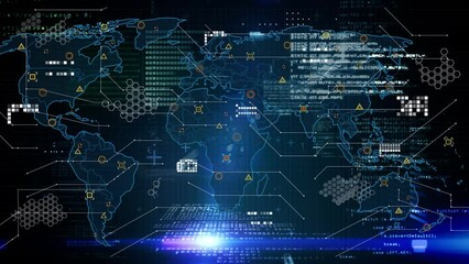 animation of data processing with world map over dark background