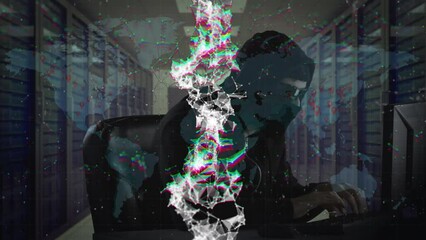 Aufkleber - Animation of digital rotating dna helix against man in hood hacking computer at data center