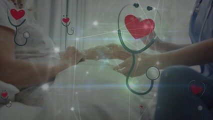 Wall Mural - Animation of network of connections and stethoscope icons over doctor treating patient