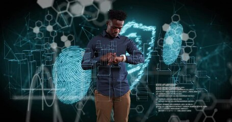 Poster - Animation of digital city and data processing over african american man using smartwatch