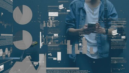 Poster - Animation of data processing over biracial man using smartphone