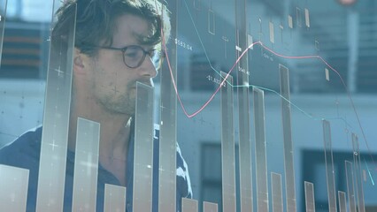 Poster - Animation of data processing over caucasian man drinking coffee